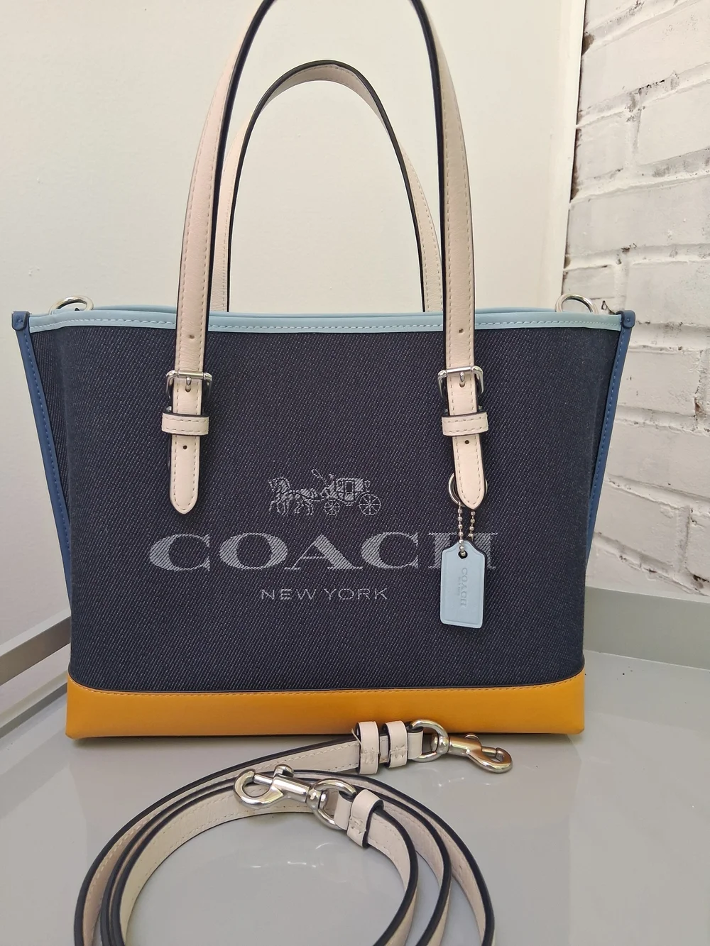 Authentic Coach Mollie Denim Color block Tote - Navy, Yellow & Light Blue